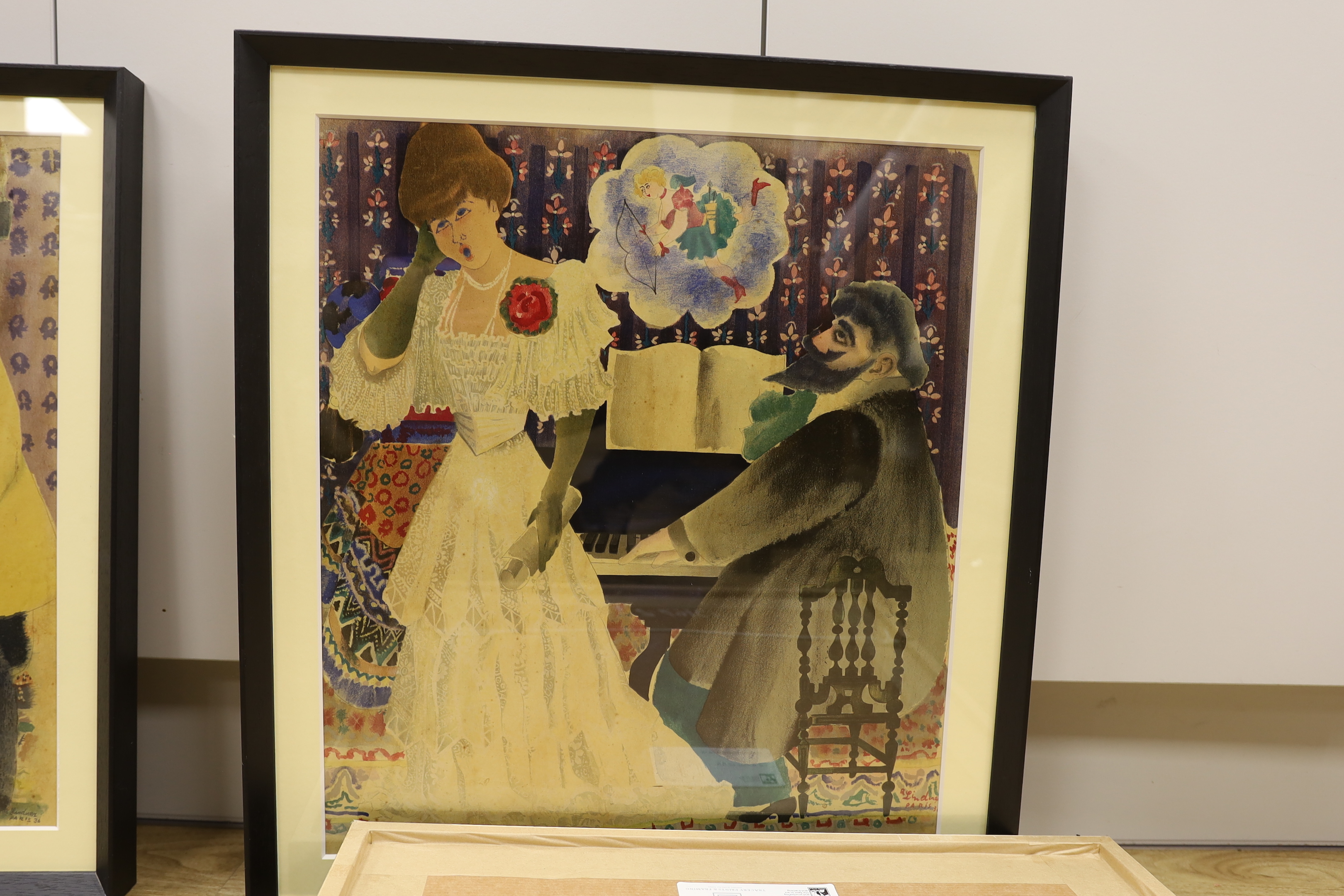 After Richard Lindner (German/American, 1901-1978), set of four vintage colour lithographs, Figures wearing Edwardian dress, each 50 x 42cm